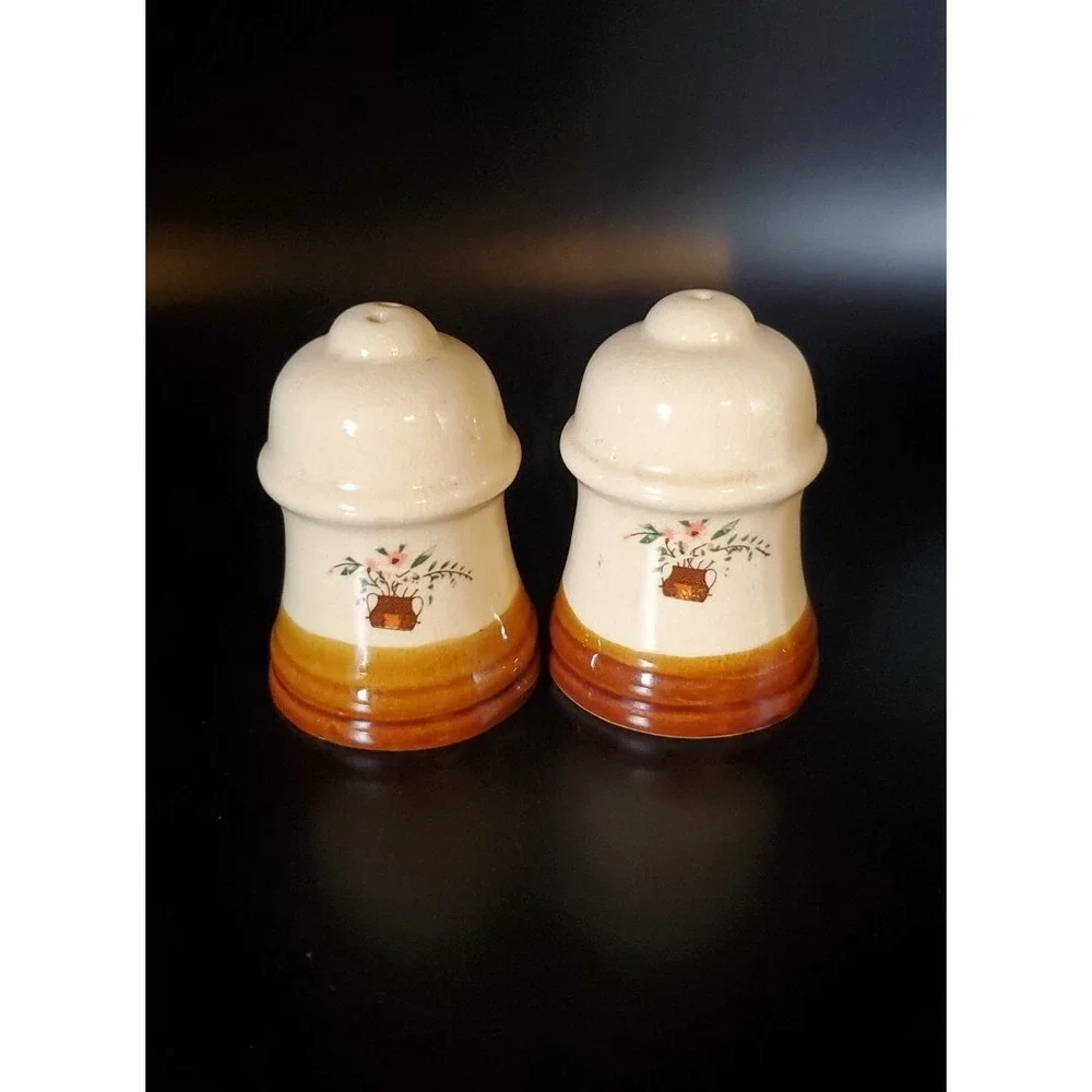 Vintage Brown And Off-white Crockery Salt And Pepper Shaker Floral Farmhouse